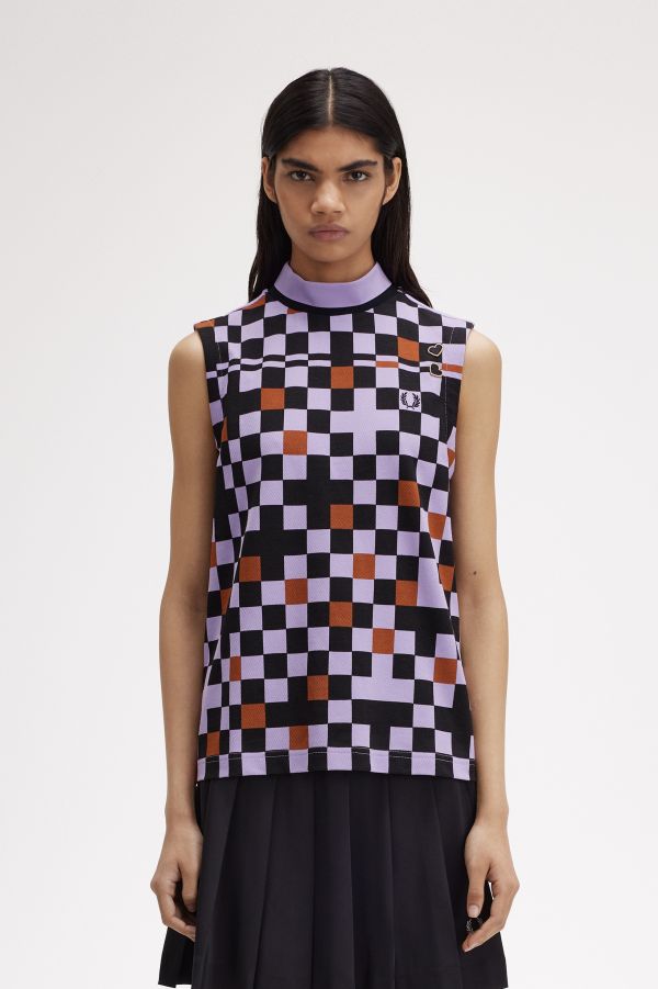 Printed Piqué Mock Neck Top