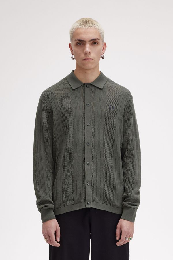 Pointelle Panel Long Sleeve Knitted Shirt