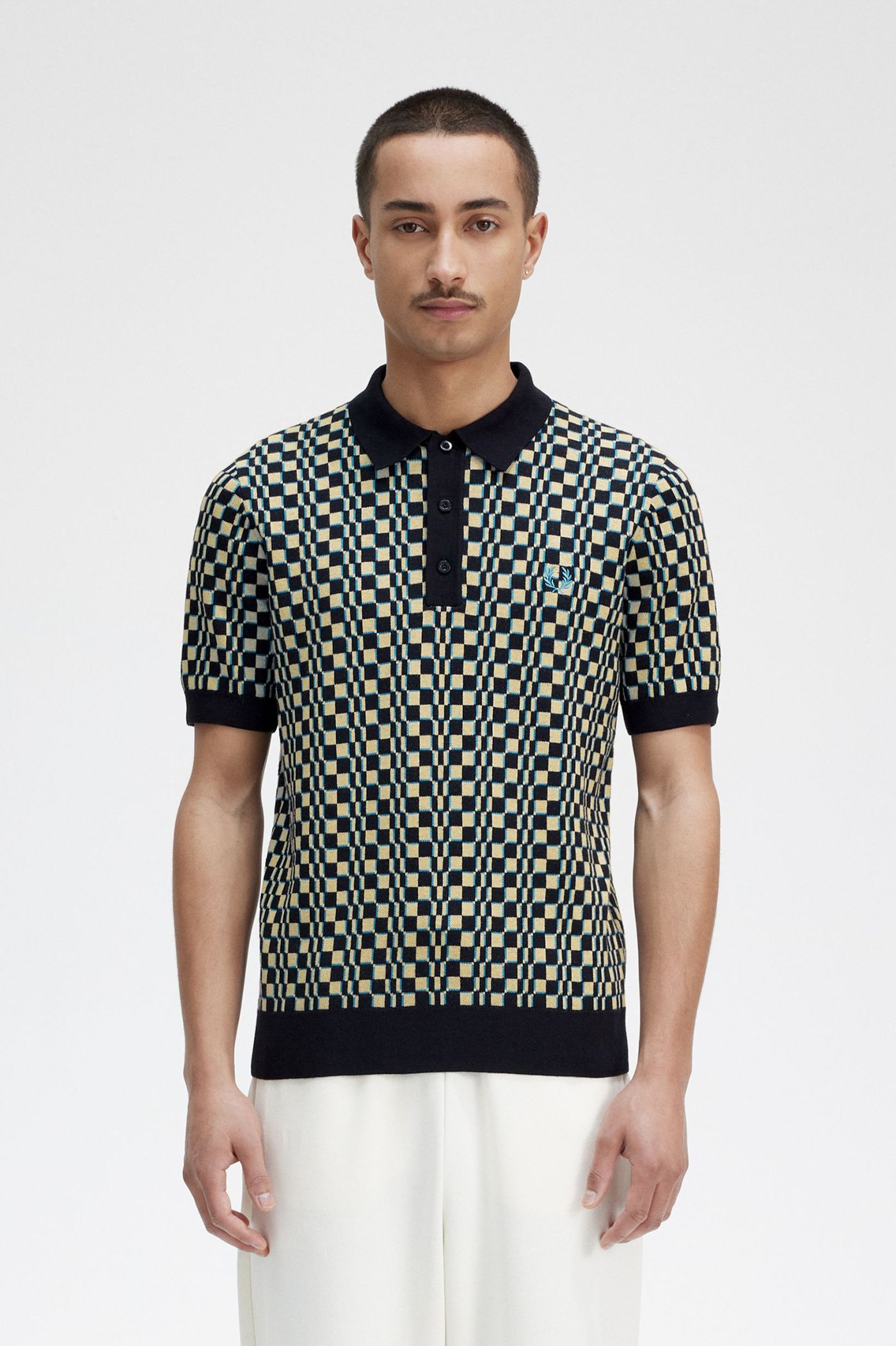 Glitch Chequerboard Knitted Shirt - Light Oyster / Black | Men's